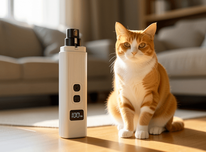 Cat owner reviewing cat nail grinders & electric trimmers for small spaces options for their pet in 2026
