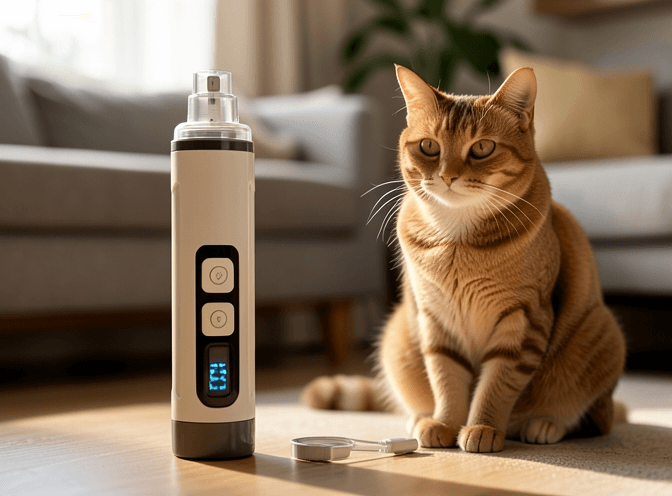 Cat owner reviewing cat nail grinders & electric trimmers pros and cons options for their pet in 2026