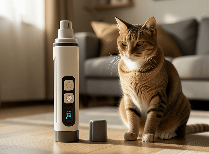 Cat owner reviewing luxury cat nail grinders & electric trimmers options for their pet in 2026