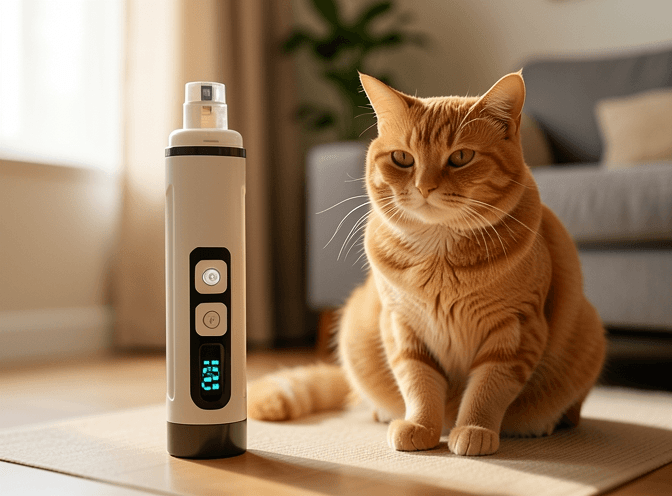 Cat owner reviewing most popular cat nail grinders & electric trimmers options for their pet in 2026
