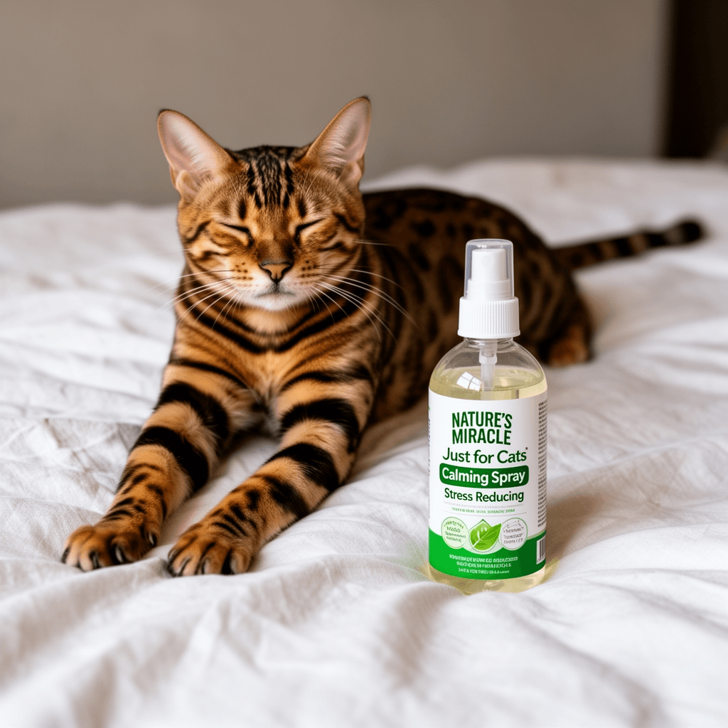 Nature's Miracle for Cats Calming Spray Stress Reducing with cat - professional product lifestyle photo