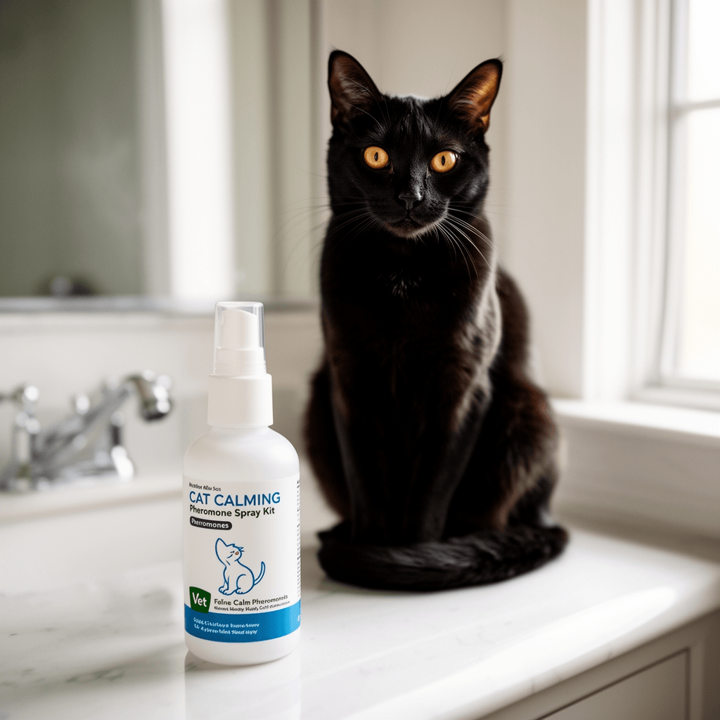 Cat Calming Pheromone Spray Kit Feline Calm Pheromones Vet with cat - professional product lifestyle photo