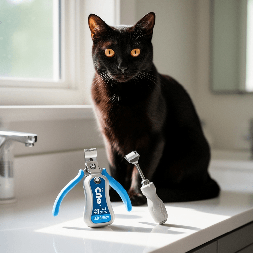 Safe 2-in-1 Dog & Cat Nail Clipper and Grinder LED Safety with cat - professional product lifestyle photo