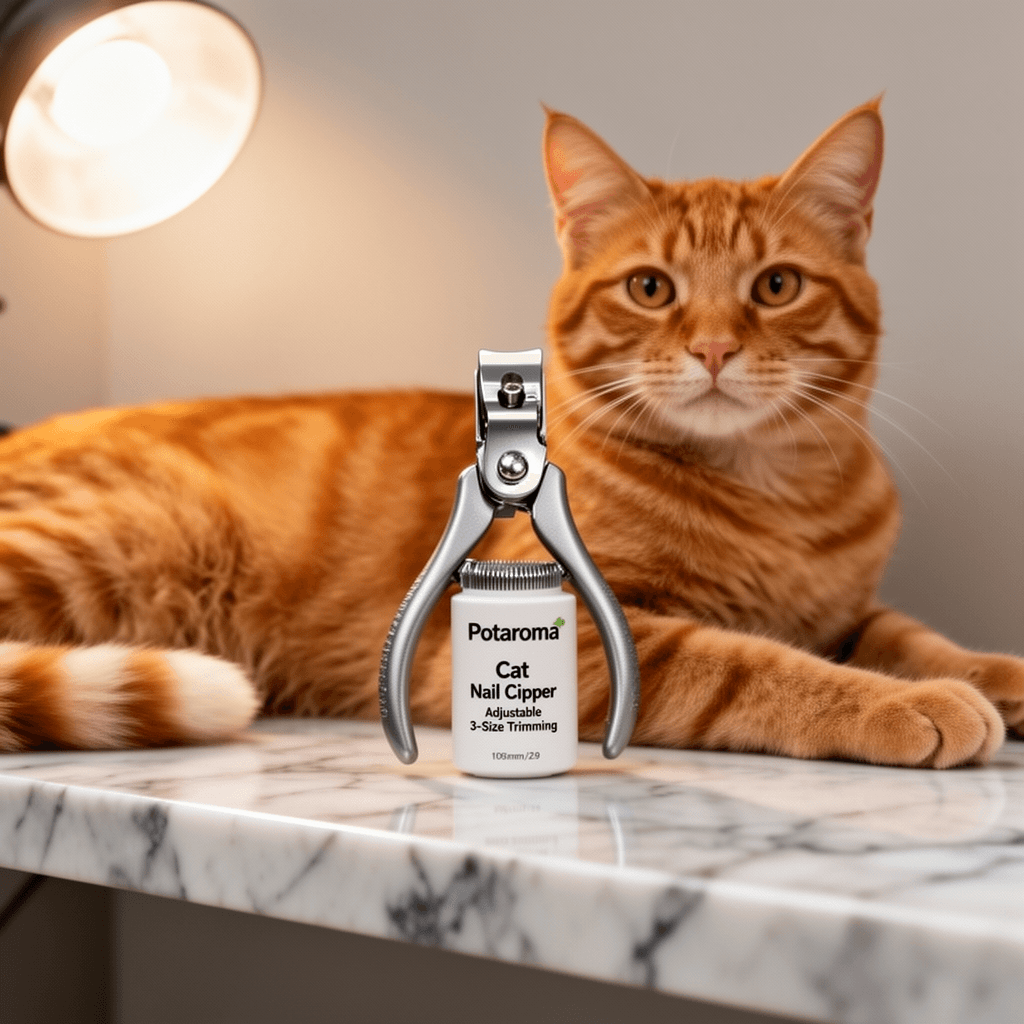 Potaroma Cat Nail Clipper with Adjustable 3-Size Trimming with cat - professional product lifestyle photo