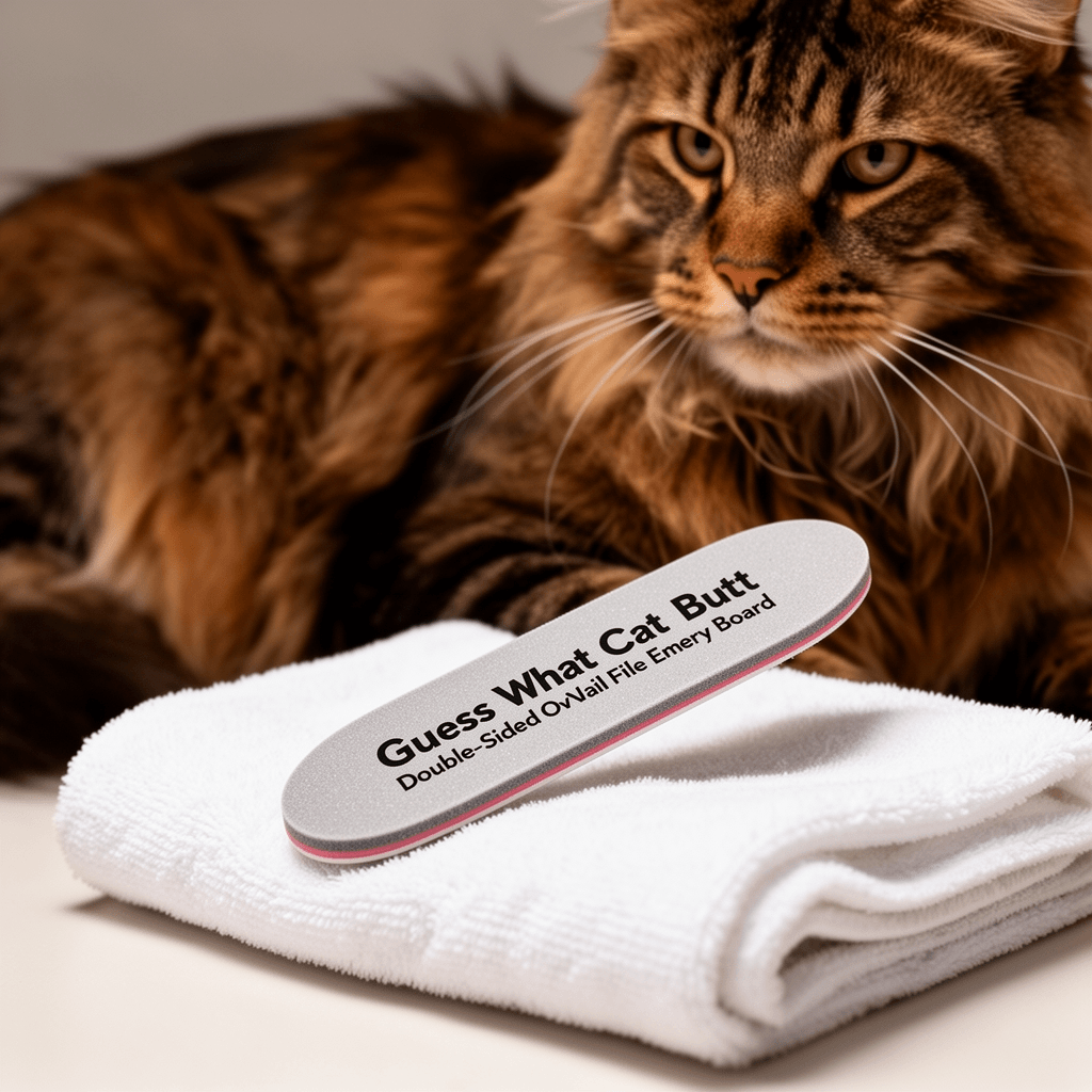 Guess What Cat Butt Double-Sided Oval Nail File Emery Board with cat - professional product lifestyle photo