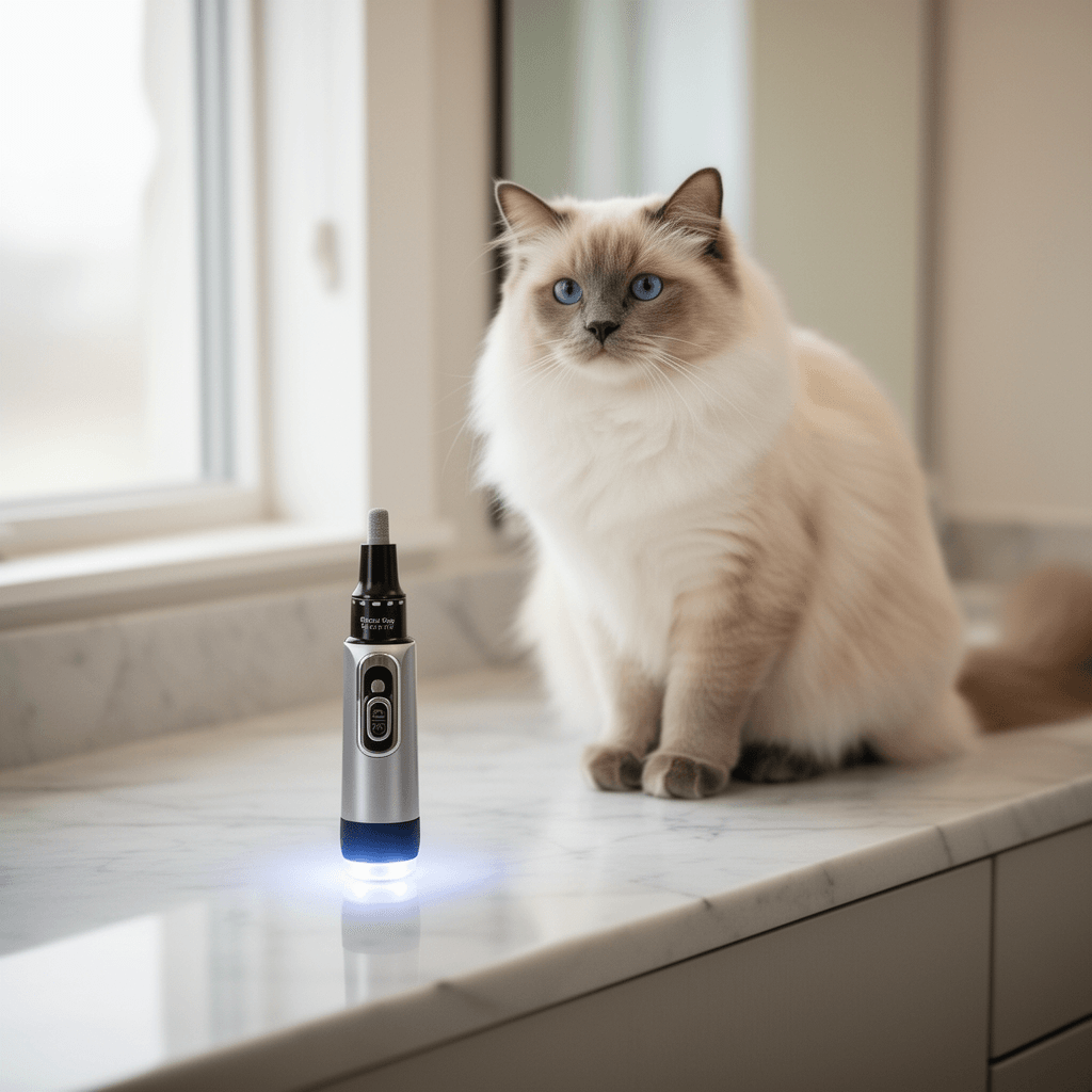 Electric Dog Nail Grinder with 2 Level LED Lights with cat - professional product lifestyle photo