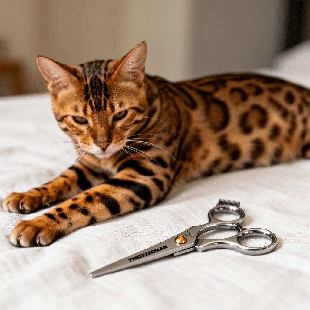 Tweezerman Pet Grooming Scissors with cat - professional product lifestyle photo