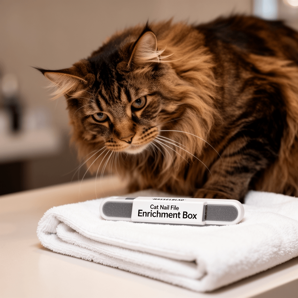 Cat Nail File Enrichment Box with cat - professional product lifestyle photo