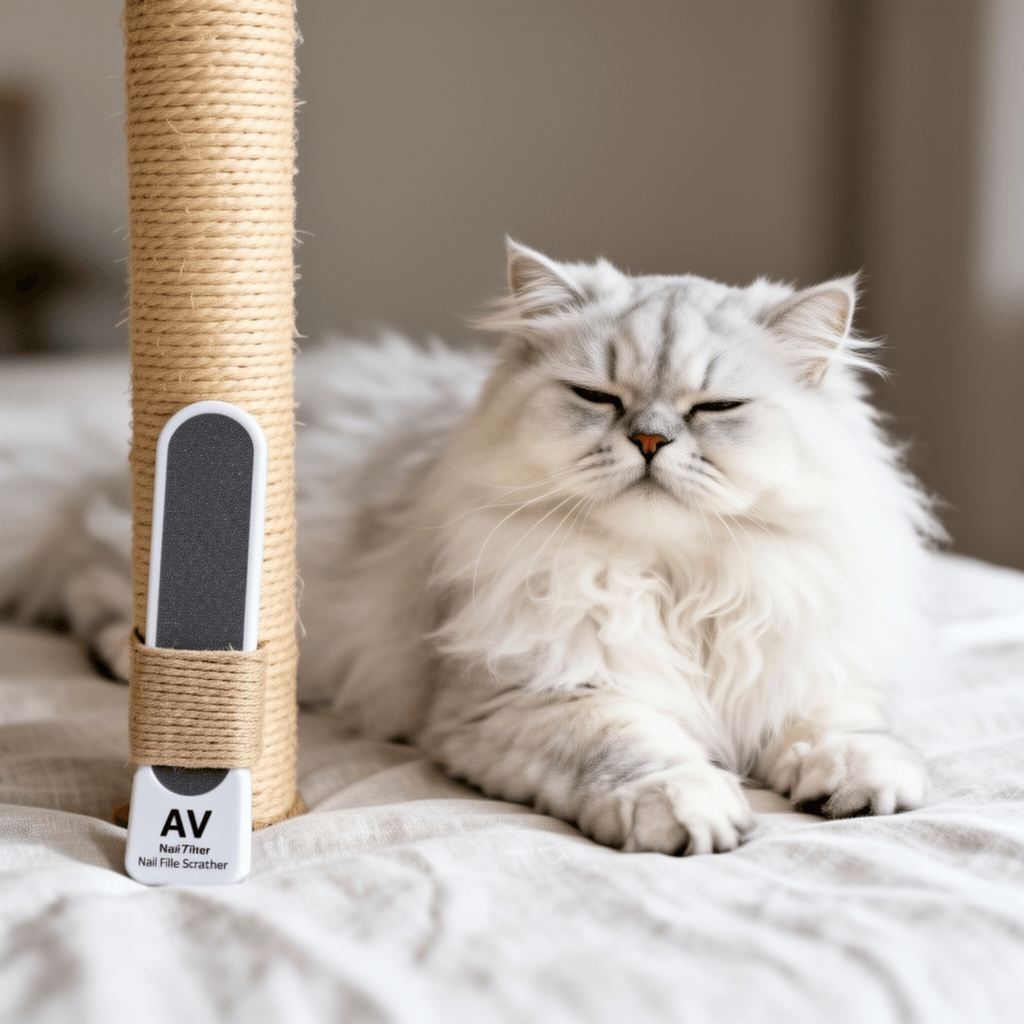 Cat Nail File Scratcher Wrapped Around a Cat Scratching Post with cat - professional product lifestyle photo
