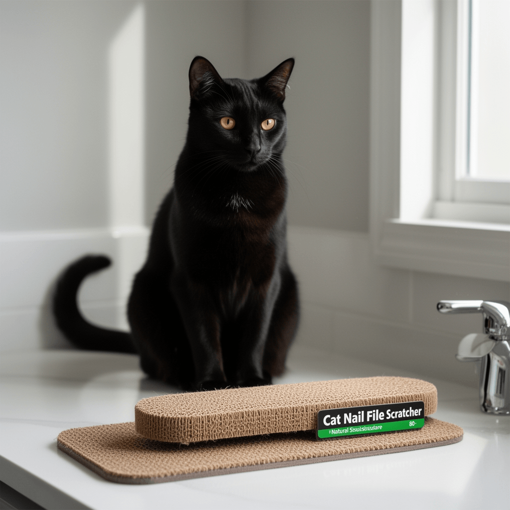 Cat Nail File Scratcher - Natural Sisal Scratch Mat with 80- with cat - professional product lifestyle photo