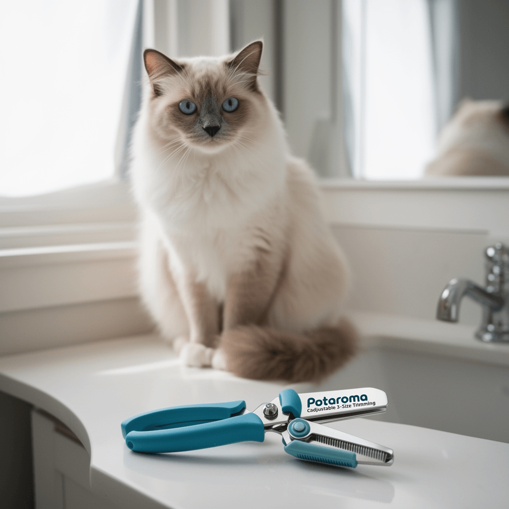 Potaroma Cat Nail Clipper with Adjustable 3-Size Trimming with cat - professional product lifestyle photo
