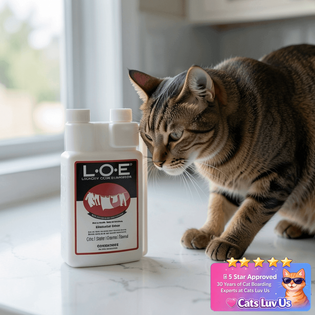 Odorcide Laundry Odor Eliminator Concentrate – Pet Odor with cat - professional product lifestyle photo