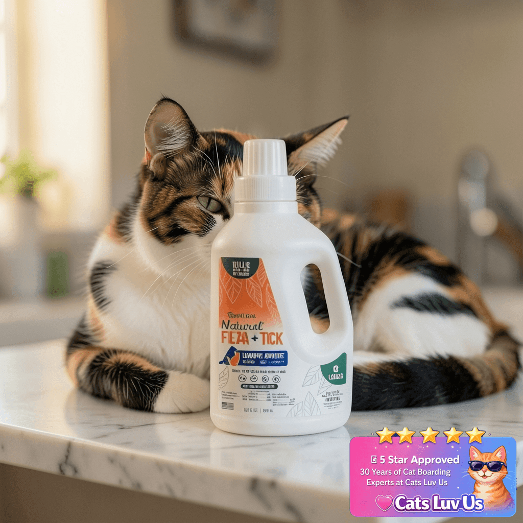TropiClean Flea and Tick Laundry Additive with cat - professional product lifestyle photo