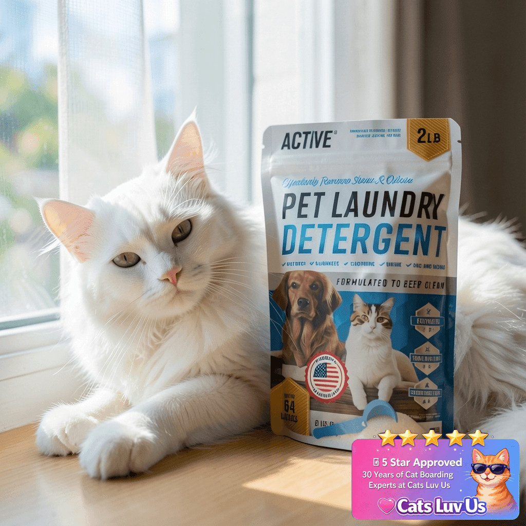 Pet Laundry Detergent Odor Remover - ACTIVE Enzyme Based with cat - professional product lifestyle photo