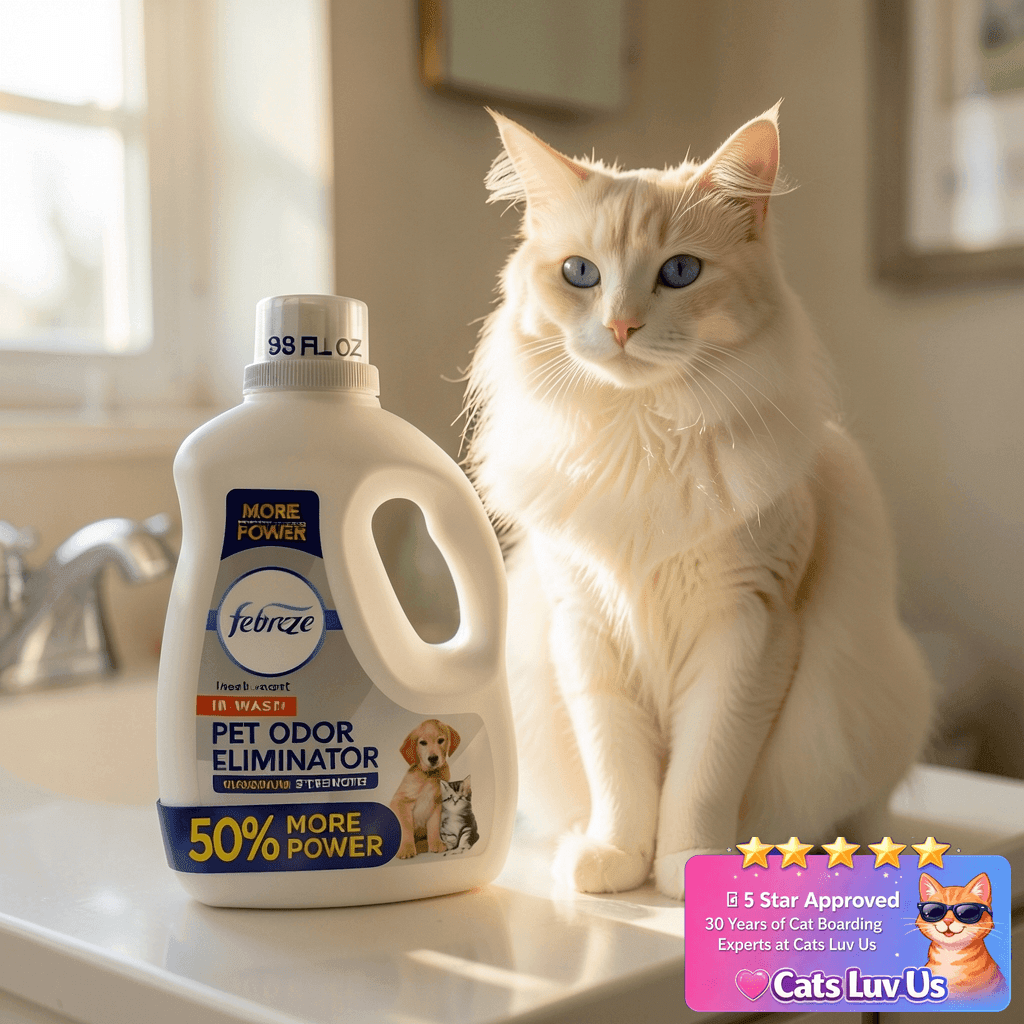 Febreze Laundry Detergent Additive for Pet Supplies with cat - professional product lifestyle photo