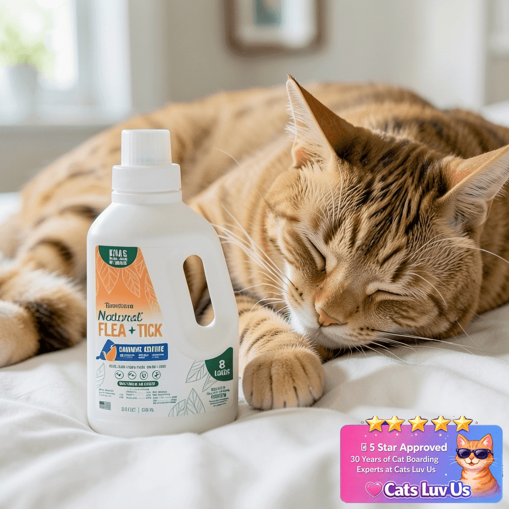 TropiClean Flea and Tick Laundry Additive with cat - professional product lifestyle photo