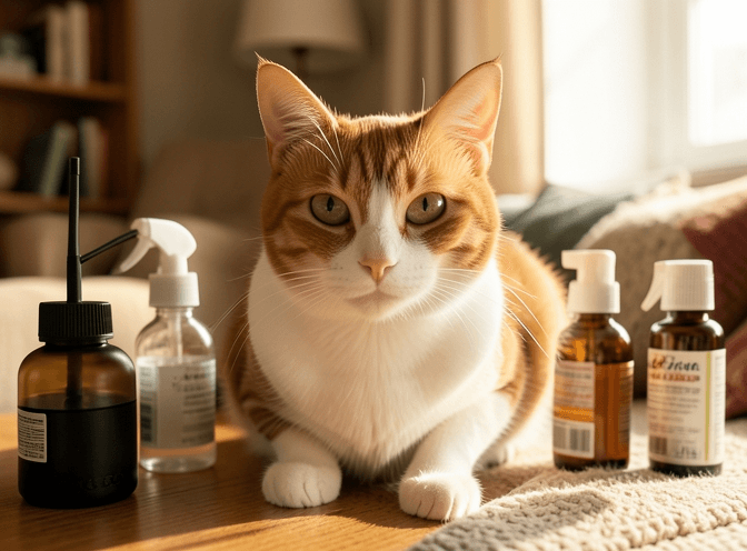 Cat owner reviewing cat pheromone diffusers & sprays for senior cats options for their pet in 2026