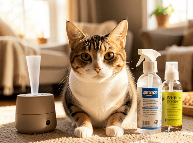 Cat owner reviewing cat pheromone diffusers & sprays on amazon options for their pet in 2026