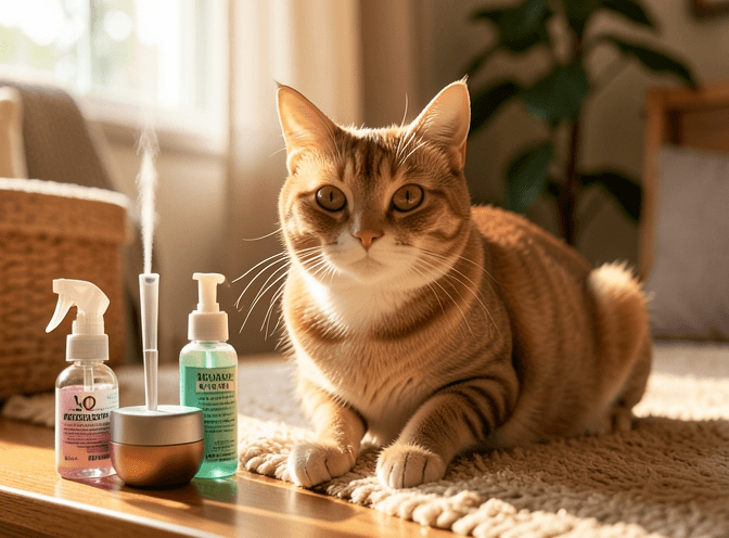 Cat owner reviewing cat pheromone diffusers & sprays under 50 dollars options for their pet in 2026
