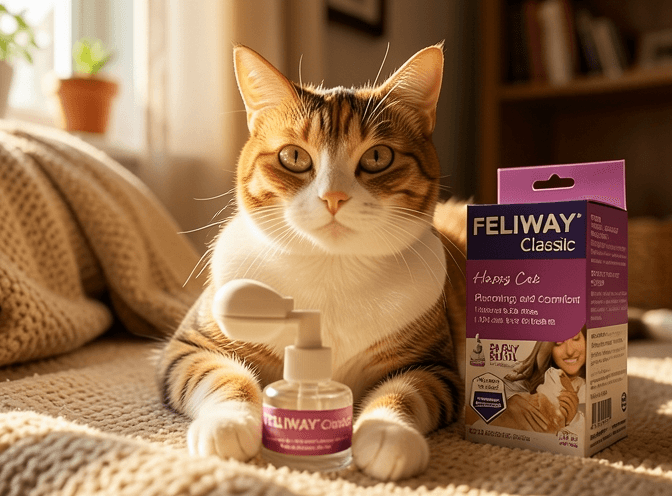 Cat owner reviewing diy cat pheromone diffusers & sprays options for their pet in 2026