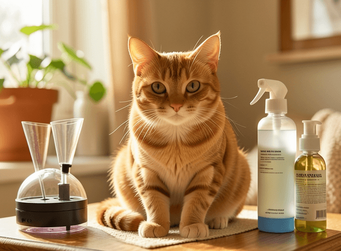 Cat owner reviewing luxury cat pheromone diffusers & sprays options for their pet in 2026