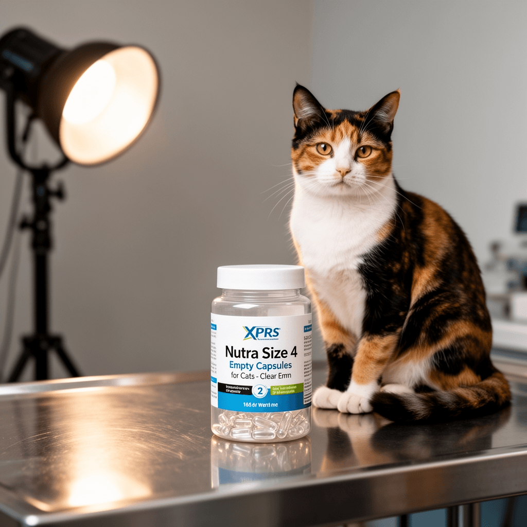 XPRS Nutra Size 4 Empty Capsules for Cats - Clear Empty with cat - professional product lifestyle photo