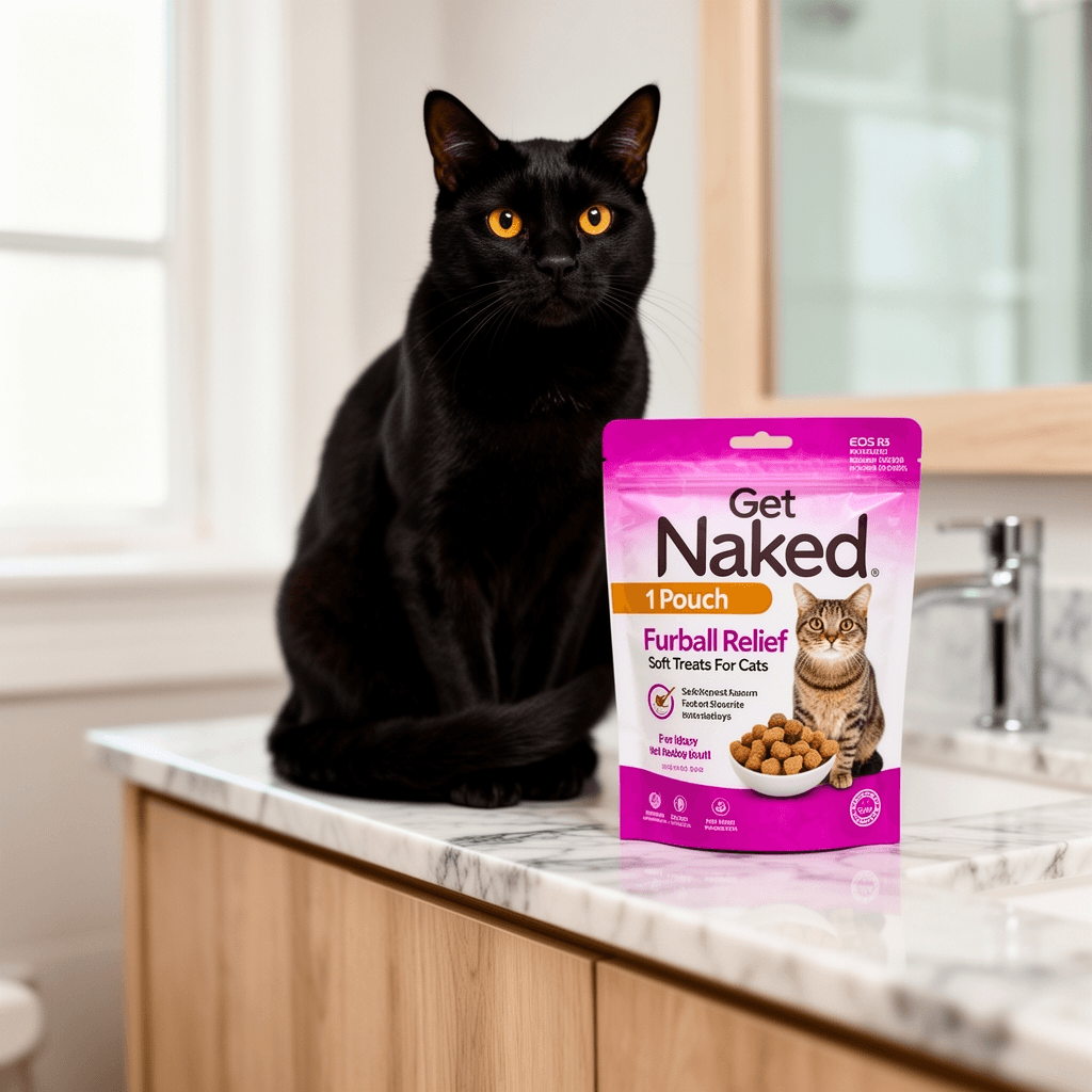 Get Naked 1 Pouch Furball Relief Soft Treats For Cats with cat - professional product lifestyle photo