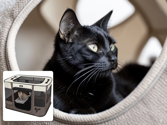 Cat owner reviewing cat playpen with litter box compartment options for their pet in 2026