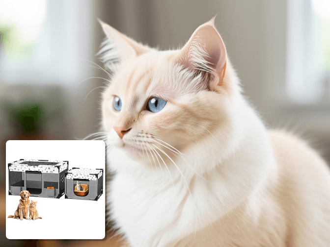 Cat owner reviewing collapsible cat playpen for camping options for their pet in 2026