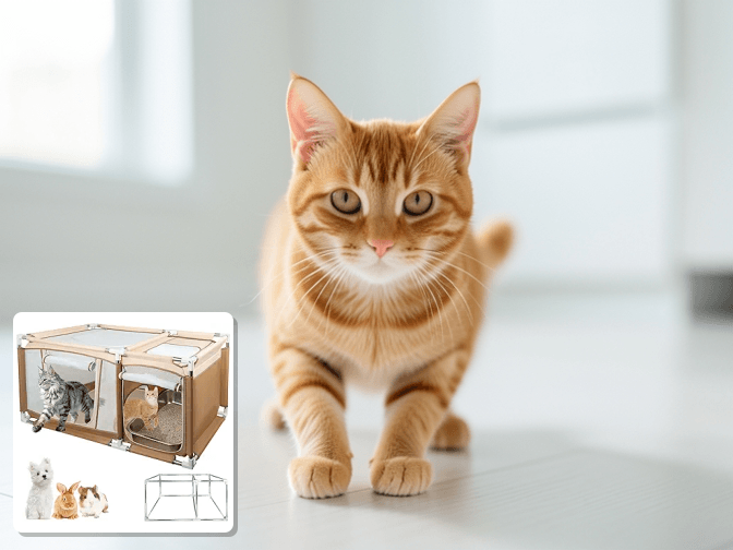 Cat owner reviewing tall cat playpen for climbing options for their pet in 2026