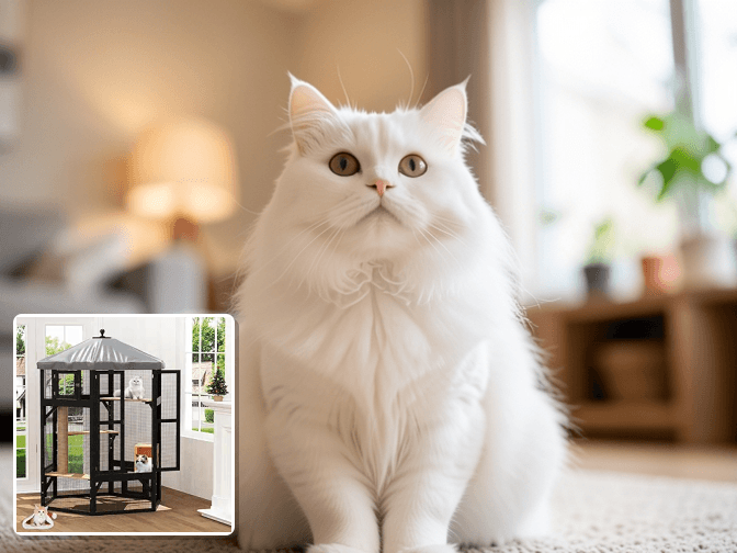 Cat owner reviewing waterproof outdoor cat enclosure options for their pet in 2026