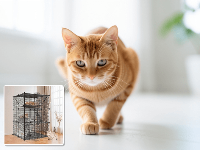Cat owner reviewing wire cat playpen with shelves options for their pet in 2026