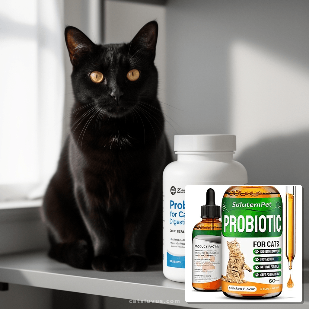 Probiotics for Cats for Digestive Support – Cat Probiotics f with cat - professional product lifestyle photo