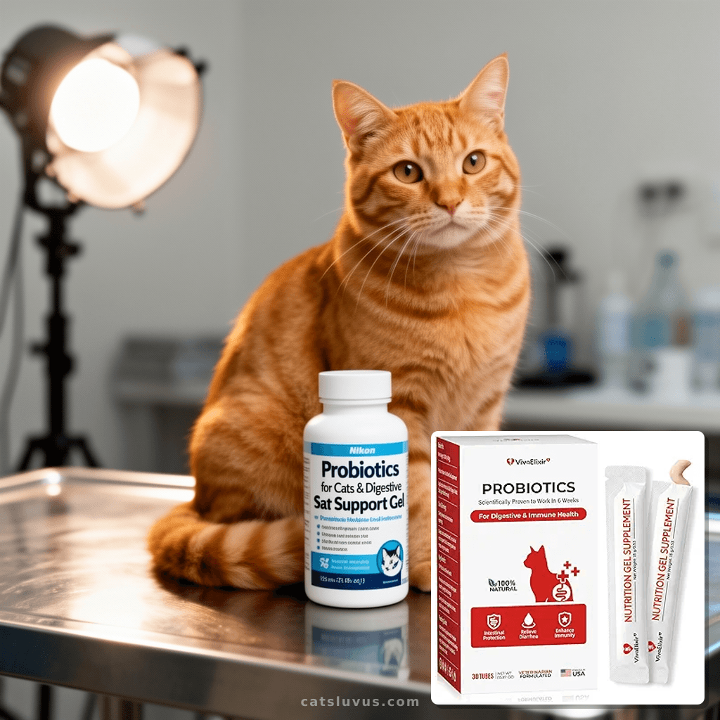 Probiotics for Cats & Digestive Support Gel – Cat Probiotic  with cat - professional product lifestyle photo