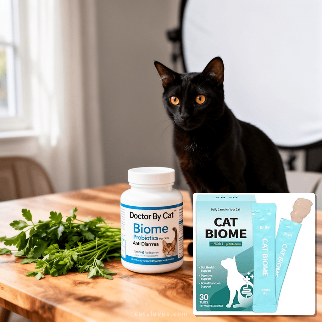 Doctor By Cat Biome Probiotics for cats Anti Diarrhea Feline with cat - professional product lifestyle photo