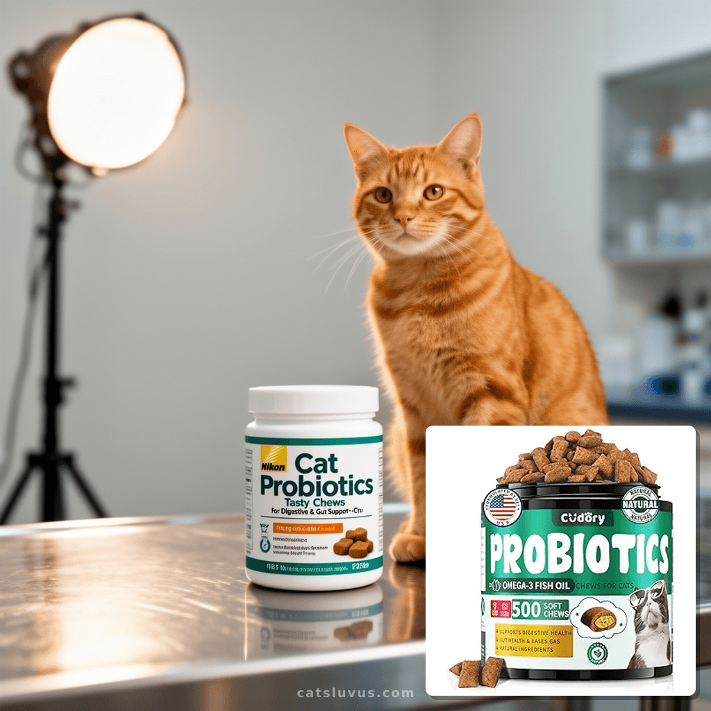 Cat Probiotics Tasty Chews for Digestive & Gut Support - Cru with cat - professional product lifestyle photo