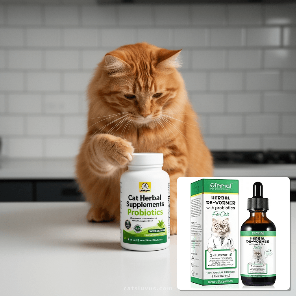 Cat Herbal Supplements with Probiotics with cat - professional product lifestyle photo