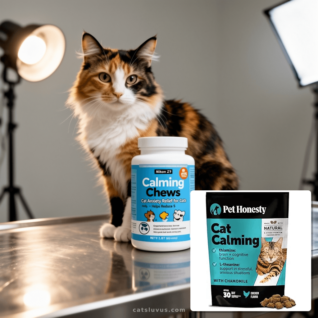 Calming Chews for Cats - Cat Anxiety Relief + Helps Reduce S with cat - professional product lifestyle photo