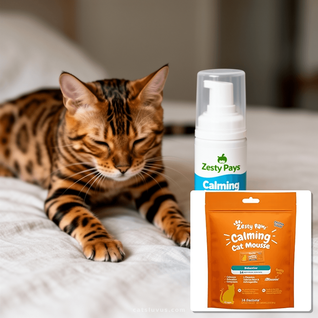 Zesty Paws Calming Mousse for Cats - Composure & Relaxation  with cat - professional product lifestyle photo