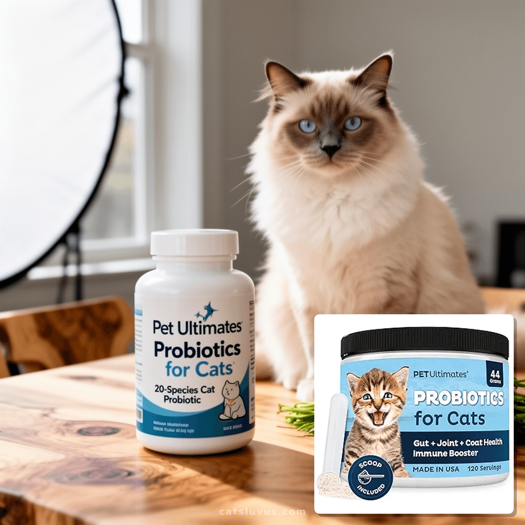 Pet Ultimates Probiotics for Cats – 20-Species Cat Probiotic with cat - professional product lifestyle photo