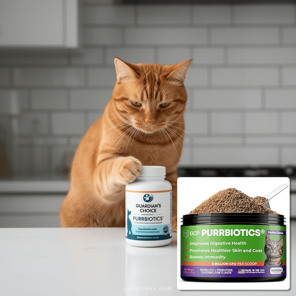 Guardian’s Choice Purrbiotics with cat - professional product lifestyle photo