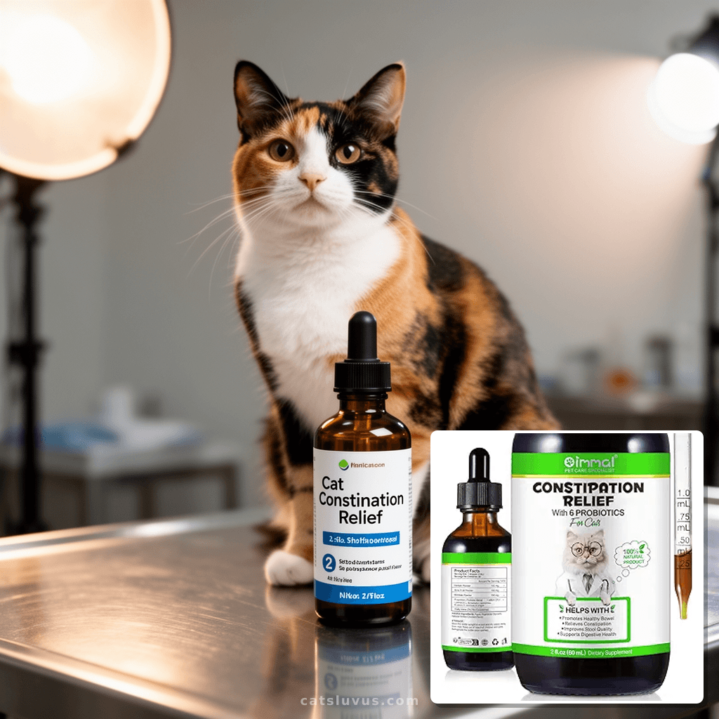 Cat Constipation Relief 2 fl oz with cat - professional product lifestyle photo