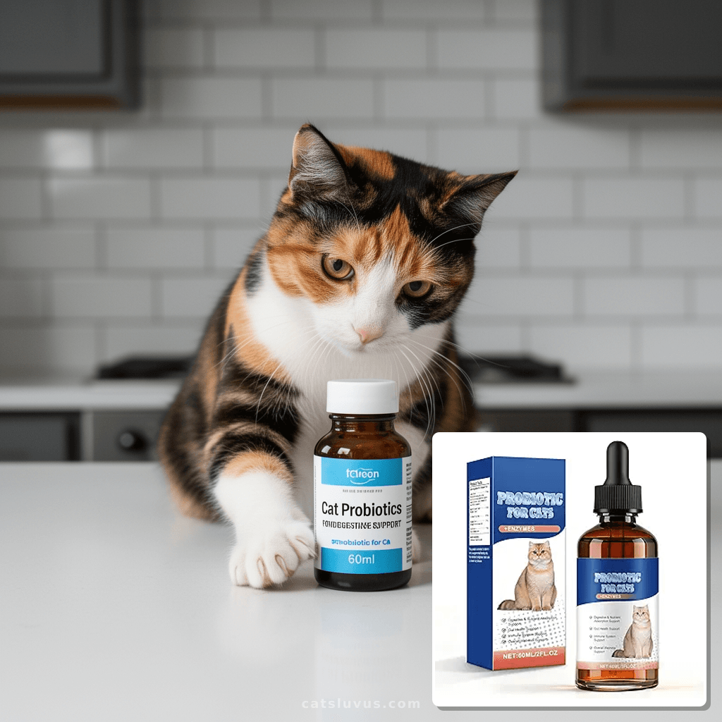 Cat Probiotics for Digestive Support - 60ml Probiotic for Ca with cat - professional product lifestyle photo