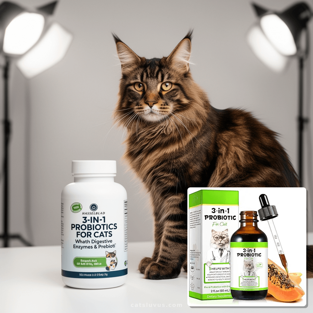 3-in-1 Probiotics for Cats with Digestive Enzymes & Prebioti with cat - professional product lifestyle photo