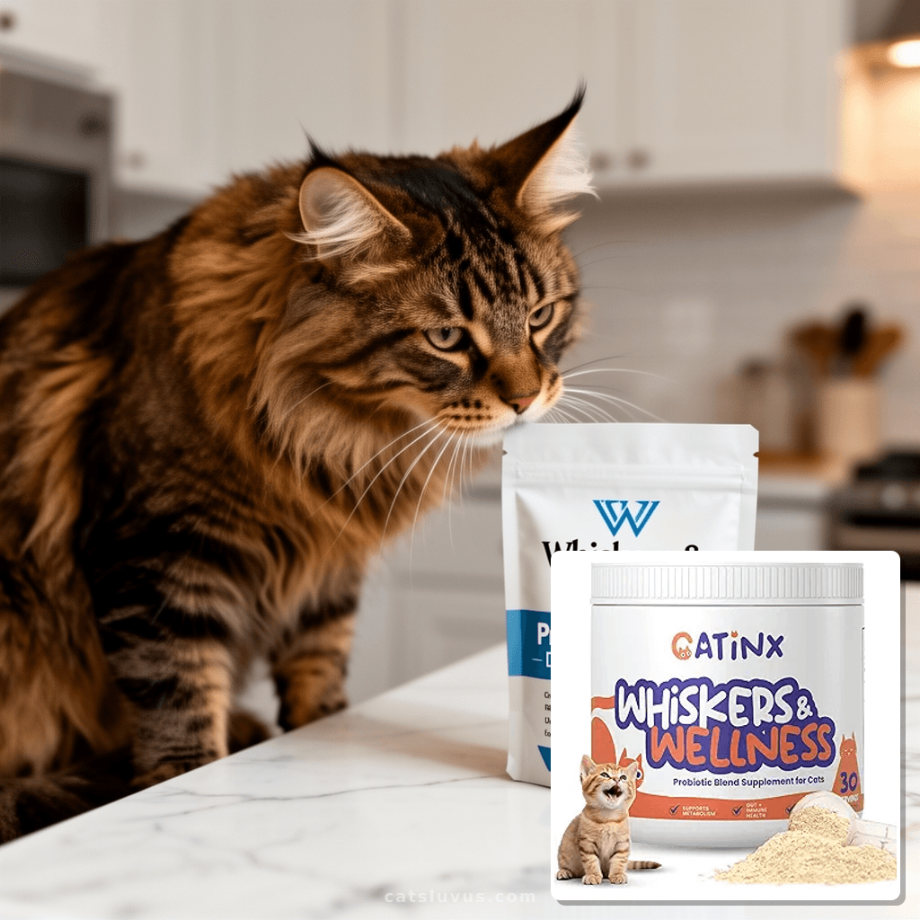 Whiskers & Wellness Probiotic Blend - Digestive Support for  with cat - professional product lifestyle photo