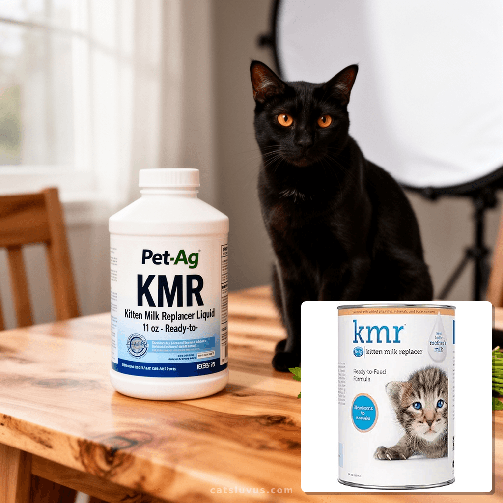 Pet-Ag KMR Kitten Milk Replacer Liquid - 11 oz - Ready-to- with cat - professional product lifestyle photo