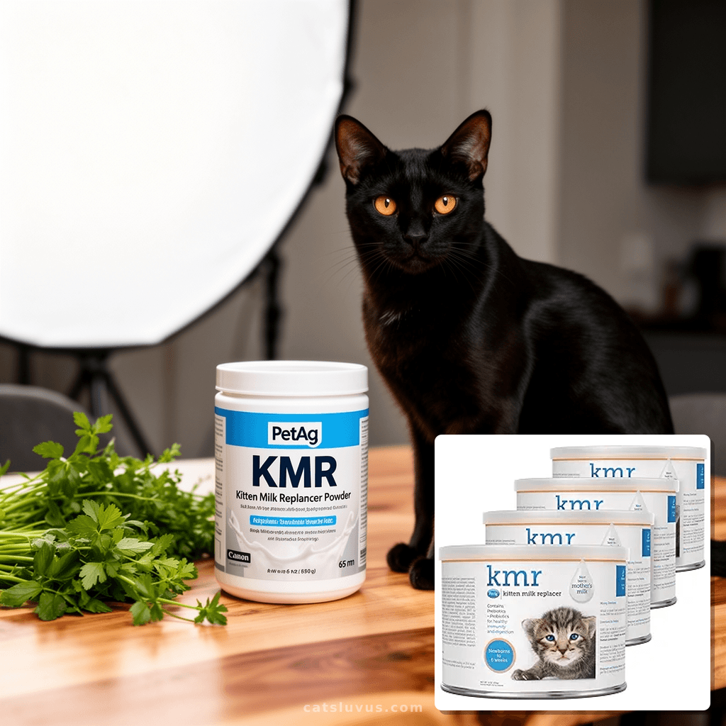 PetAg KMR Kitten Milk Replacer Powder - 6 oz with cat - professional product lifestyle photo