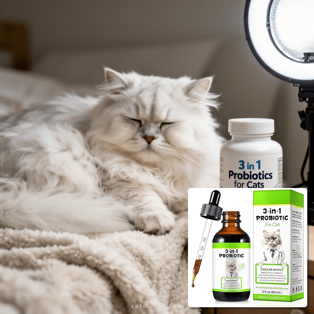 3 in 1 Probiotics for Cats with cat - professional product lifestyle photo
