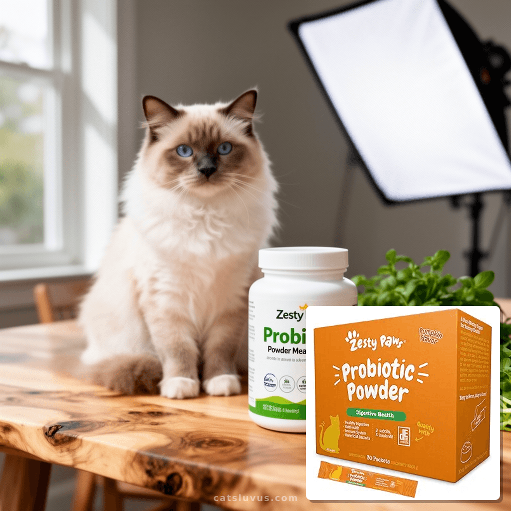 Zesty Paws Probiotics for Cats - Powder Meal Topper for with cat - professional product lifestyle photo