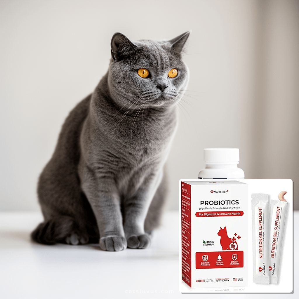 Probiotics for Cats & Digestive Support Gel – Cat Probiotic with cat - professional product lifestyle photo